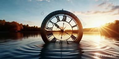 湖面上的时钟时间意境概念